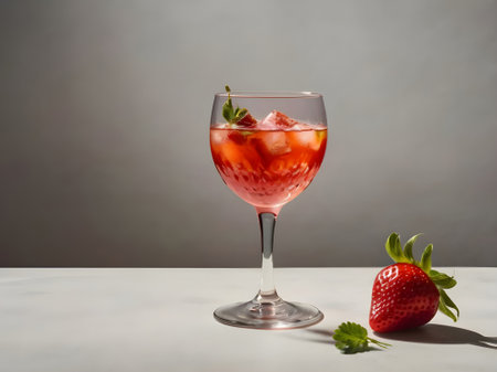 Strawberry cocktail in a glass with ice and fresh strawberries.の素材