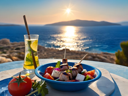 Greek salad with feta cheese, tomato and parsley in a blue plate on the background of the sea and sunsetの素材