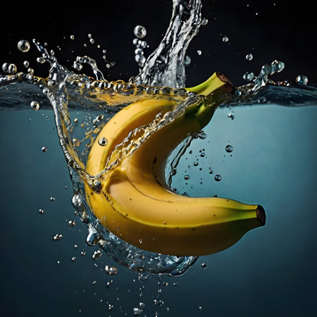 Banana dropped into water with splash on dark background. Concept of healthy eating.の素材