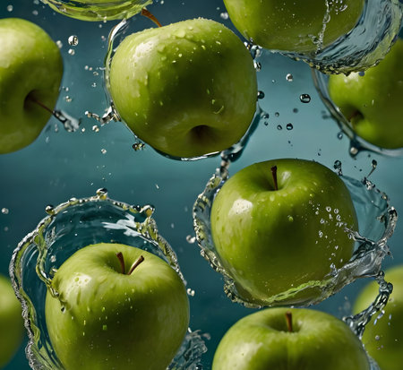 Green apples falling into water with a splash on a blue background.の素材