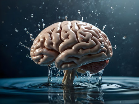 Human brain with splashes of water on a dark blue background.の素材