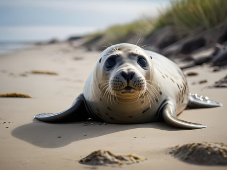 Grey seal on the beach in Helgoland, North Holland, Netherlandsの素材