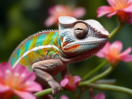 Close up of a chameleon on a flower in the gardenの素材