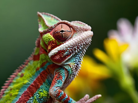 Colorful chameleon on a flower, closeup of photoの素材