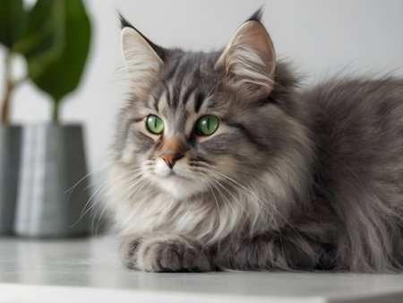 Siberian cat with green eyes lying on a white table.の素材