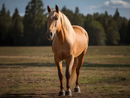 Portrait of a beautiful palomino stallion in the fieldの素材