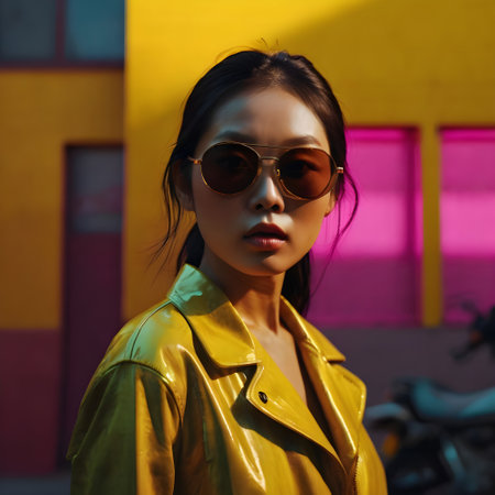fashionable asian woman in yellow leather jacket and sunglasses posing on streetの素材