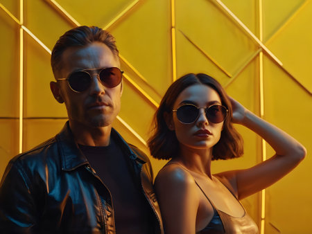 fashionable couple in sunglasses and leather jacket posing on yellow wall backgroundの素材