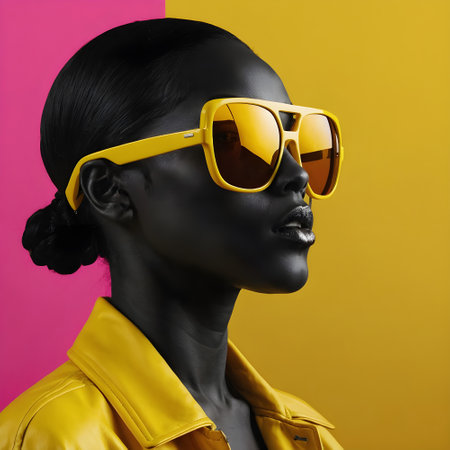 Fashion portrait of beautiful african american woman in yellow sunglassesの素材