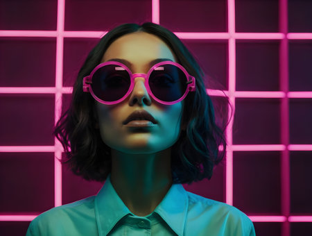 Fashion shot of a beautiful woman in sunglasses on a pink background.の素材