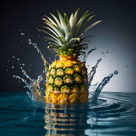 Pineapple splashing into water on a dark blue background.の素材