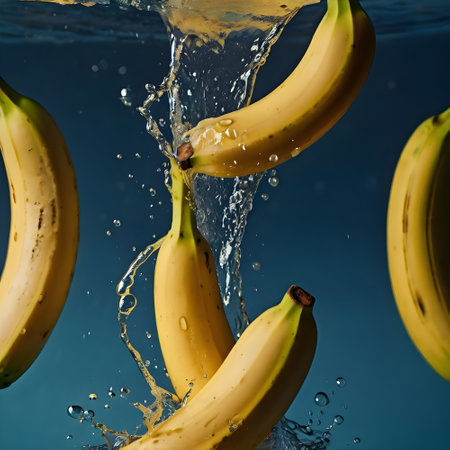 Bunch of bananas falling into water with splash on blue background.の素材