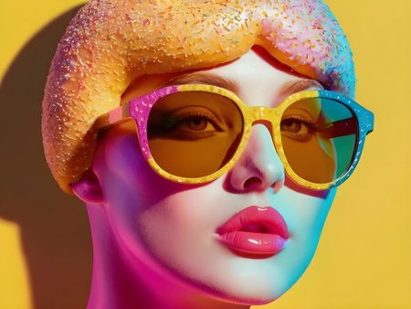 Fashion portrait of a beautiful woman in pink wig and yellow sunglasses.の素材