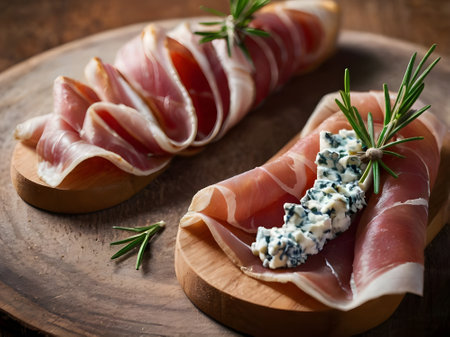 Prosciutto with blue cheese and rosemary on wooden backgroundの素材