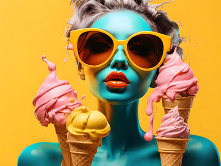 Fashion portrait of young woman with ice cream on yellow background.の素材