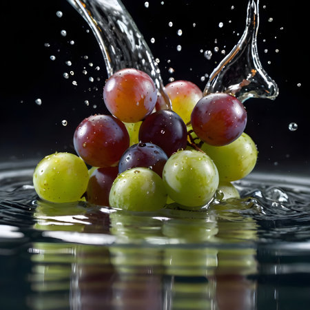 Grapes falling into water with a splash on a black backgroundの素材
