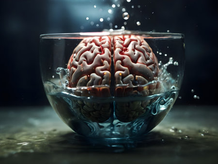Human brain in a glass bowl with water drops on black background.の素材
