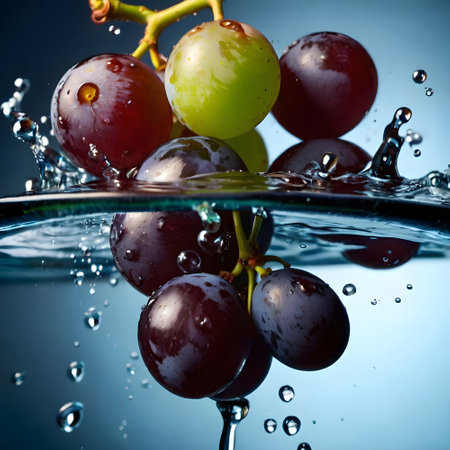 Grapes falling into water with a splash on a blue backgroundの素材