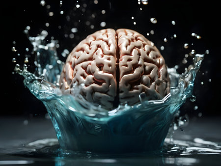 Human brain in water splashes with splashes on black background.の素材