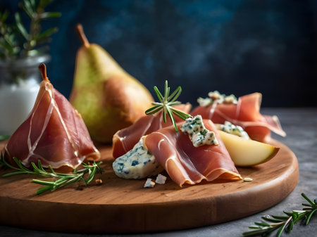 Prosciutto with pear and blue cheese on a wooden boardの素材