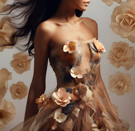 Fashion art photo of beautiful woman with flowers in her hair.の素材