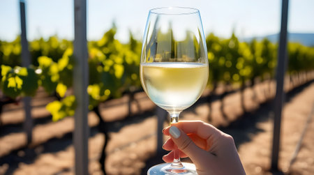 Female hand holding glass of white wine in vineyard, closeupの素材