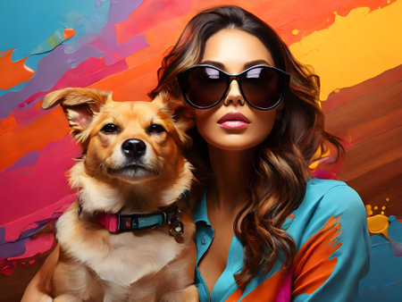 Portrait of a beautiful young woman with a dog on a colorful background.の素材