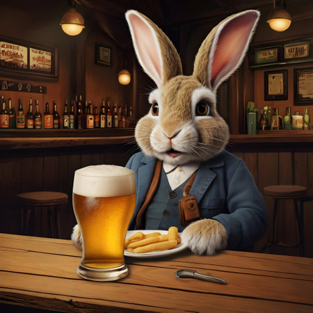 Easter bunny with a glass of beer and french fries in a pubの素材