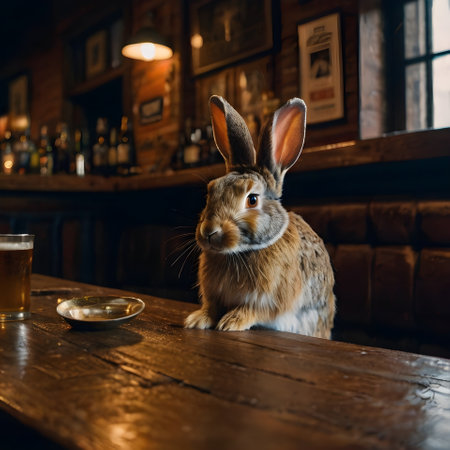 Rabbit sitting on a wooden table in a pub with beer.の素材