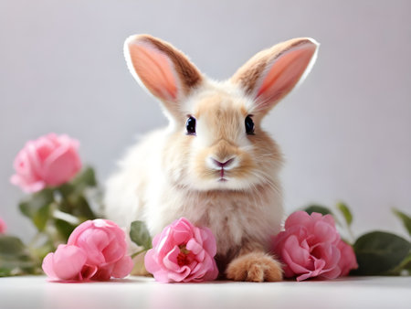Cute little bunny and flowers on white table, on light backgroundの素材