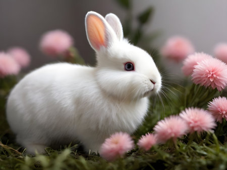 Cute white rabbit and pink flowers on green grass, close upの素材
