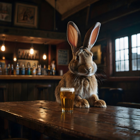 Rabbit with a glass of beer on a wooden table in a pubの素材