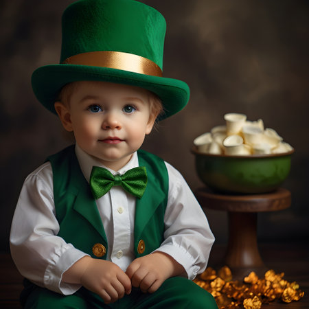 Little boy with a green hat and a bow tie in the form of a leprechaunの素材