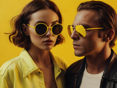 stylish young couple in sunglasses looking at each other isolated on yellowの素材
