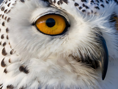 Portrait of a snowy owl with yellow eyes close-up.の素材
