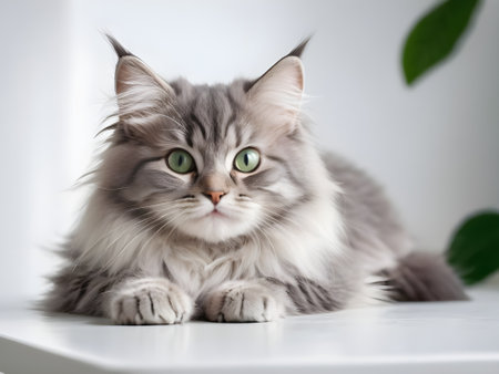 Siberian cat with green eyes lying on a white table.の素材