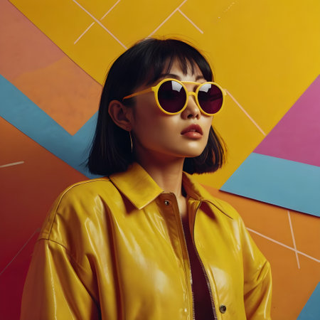 fashionable asian woman in yellow jacket and sunglasses posing on colorful backgroundの素材