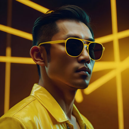 Handsome young man in yellow leather jacket and sunglasses on dark backgroundの素材