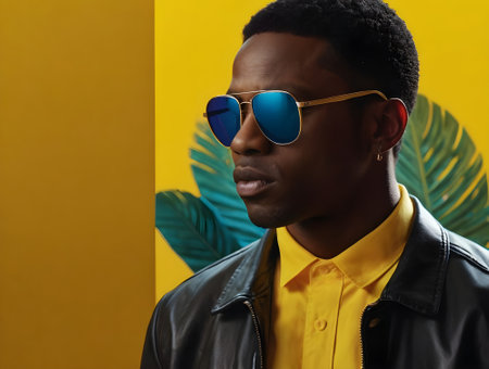 Stylish african american man in sunglasses and leather jacket on yellow backgroundの素材