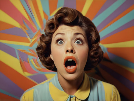 Surprised woman looking at camera with opened mouth on colorful backgroundの素材