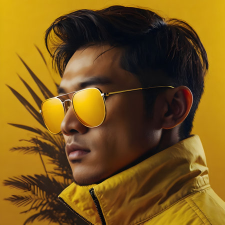 young handsome asian man in yellow leather jacket and sunglasses on yellow backgroundの素材