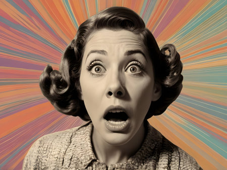 Surprised woman with vintage hairstyle on colorful rays background.の素材