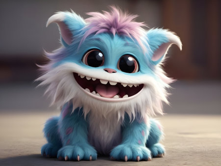 3d rendering of a cute monster with pink hair and blue eyesの素材