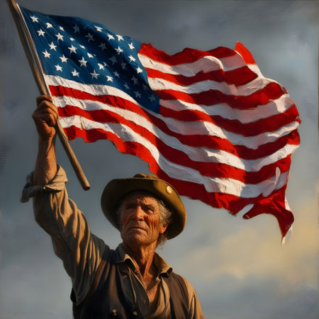 An old man in a hat with an American flag in his hand.の素材