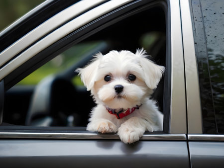 Cute Maltese puppy sitting in a car, looking out the windowの素材