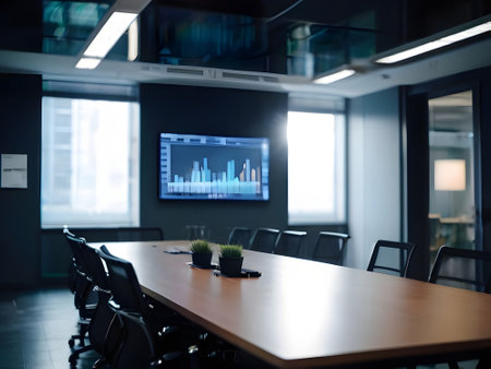 Empty conference room with table and chairs, stock exchange chart on screenの素材