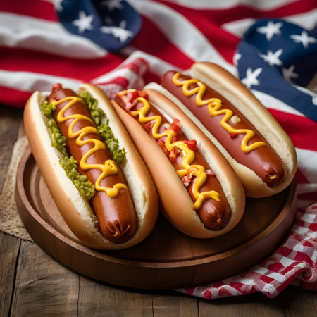 American hot dogs with mustard and ketchup on wooden background. Selective focus.の素材