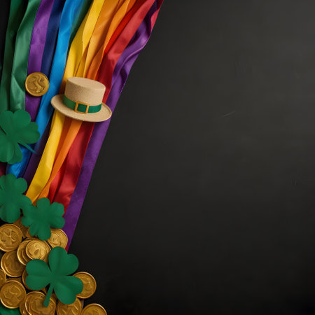 St. Patrick's Day background with Leprechaun hat, golden coins and shamrock leaves.の素材