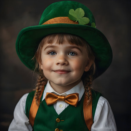 Little girl in a green leprechaun hat on a dark backgroundの素材