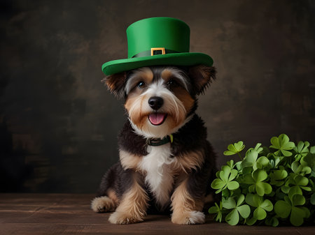 Cute puppy in green leprechaun hat with clover on dark backgroundの素材